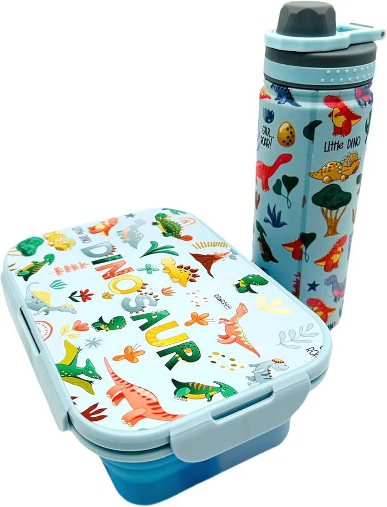 Bento lunch box for kids with 2 Compartments and Spoon Set, Stainless steel water bottle included, lunch containers for kids with thermos (Baby Blue Dinosaurs)