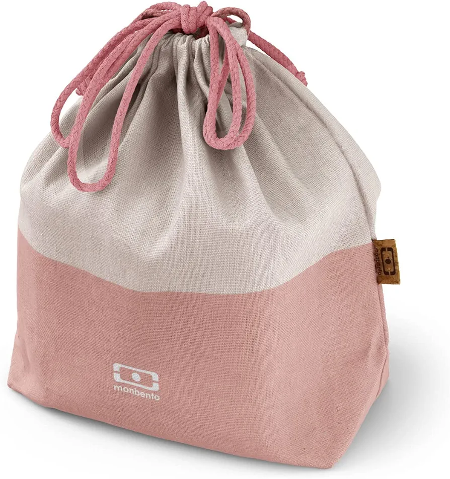 monbento - Lunch Bag MB Pochette L Natural - Polyester and Cotton Large Lunch Tote - For Work Lunch Packing - Can Contain a Bento Box + a Bottle + a Cutlery Set - Cream & Pink