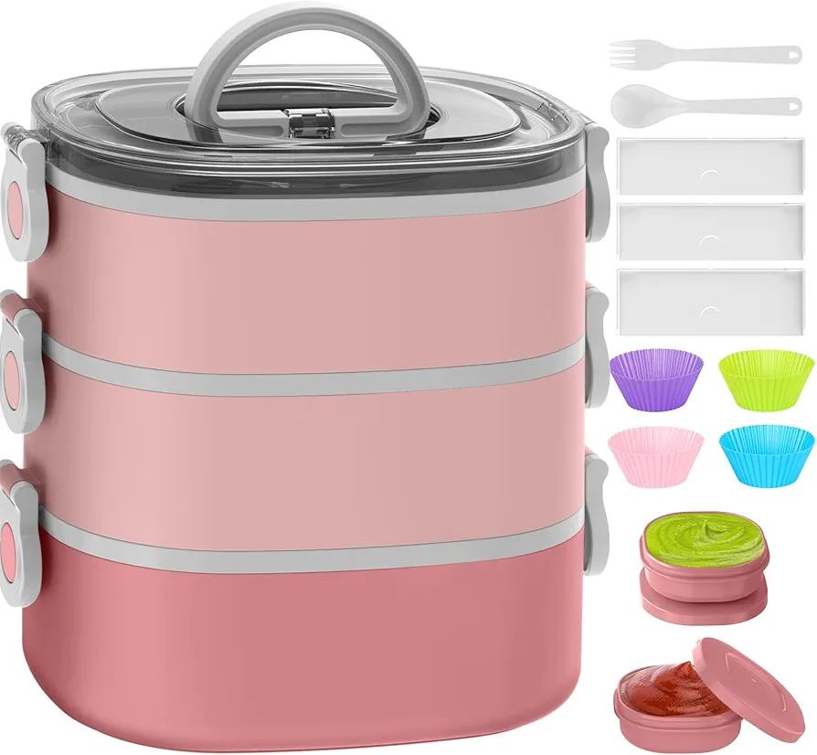 Bento Lunch Box, Stackable 3 Layers Bento Box Adult Lunch Box, 94OZ Large Capacity Lunch Containers, Lunch Box Kids with Accessories Kit, Leak-Proof, Food-Safe Materials, Pink