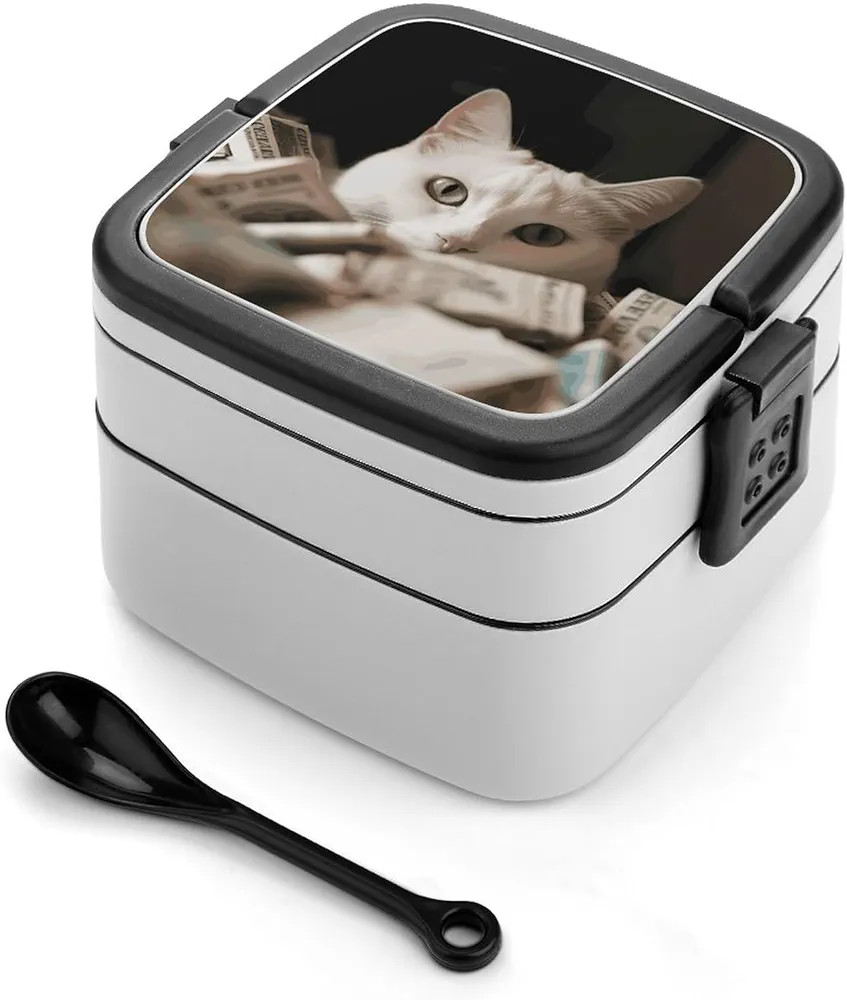 Bento Box Adult Lunch Box,Stackable 2 Compartment Lunch Boxes Containers,White Cat And Pile of Dollars Printed Cute Bento Lunchbox with Portable Handles Utensils,with Food-Safe Materials BPA-Free,for