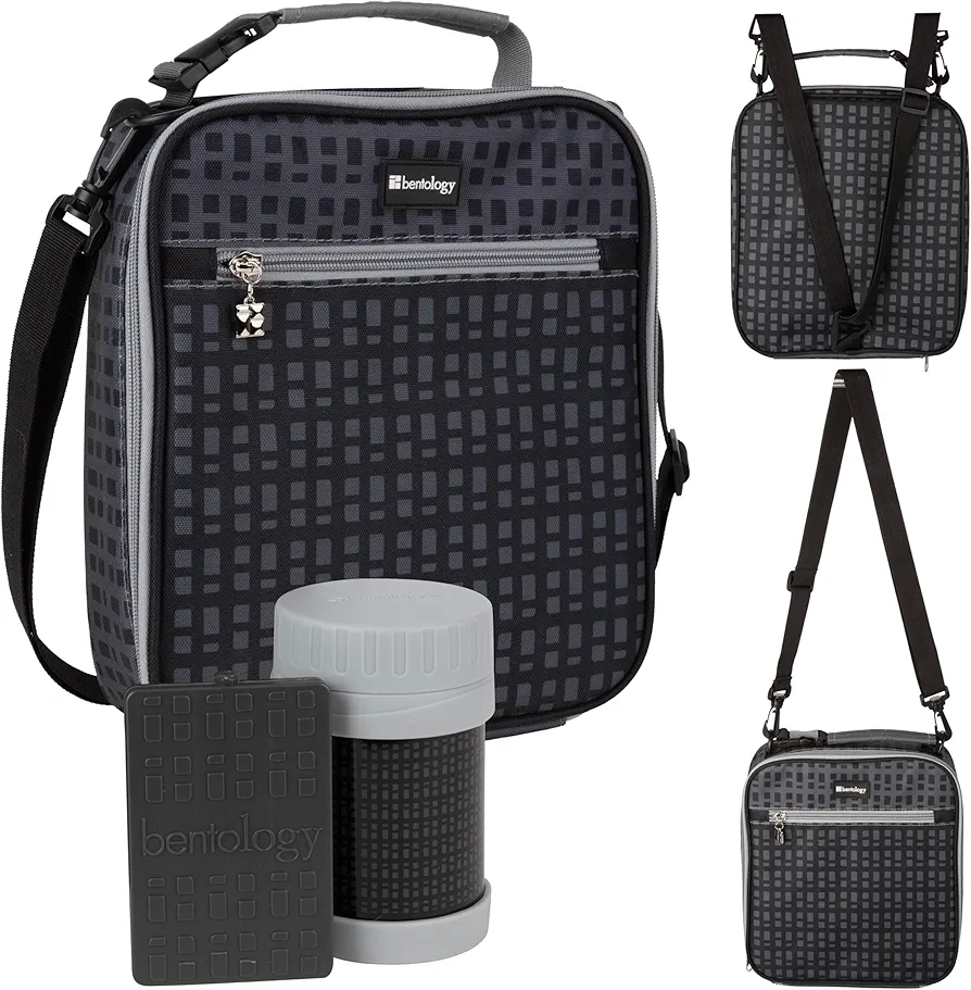 Bentology Kids Complete Black Checker Lunch Box Tote Kit - Insulated Soft Bag Sleeve w Convertible Backpack Strap for Kids, 13oz Food Jar & Reusable Hard Ice Pack - Compatible w Bento Boxs