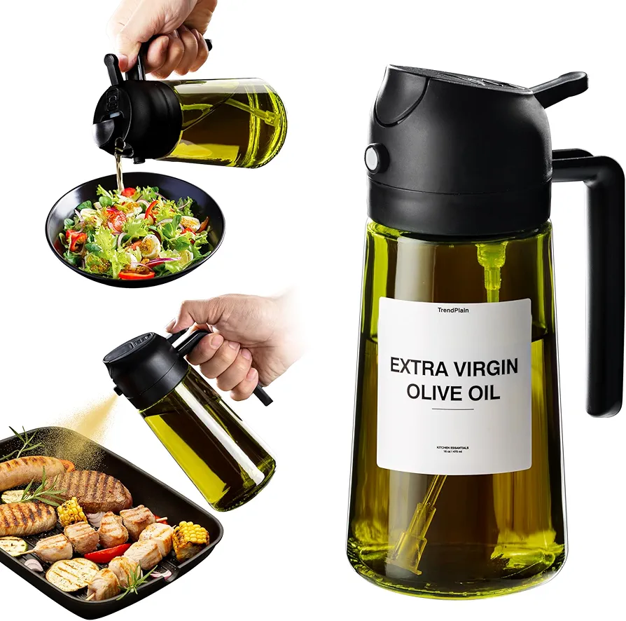 TrendPlain - Original Oil Dispenser for Kitchen - 2 in 1 Oil Dispenser and Oil Sprayer - Olive Oil Dispenser Bottle w/Stickers - Olive Oil Sprayer for Cooking Black (Light Blockage)