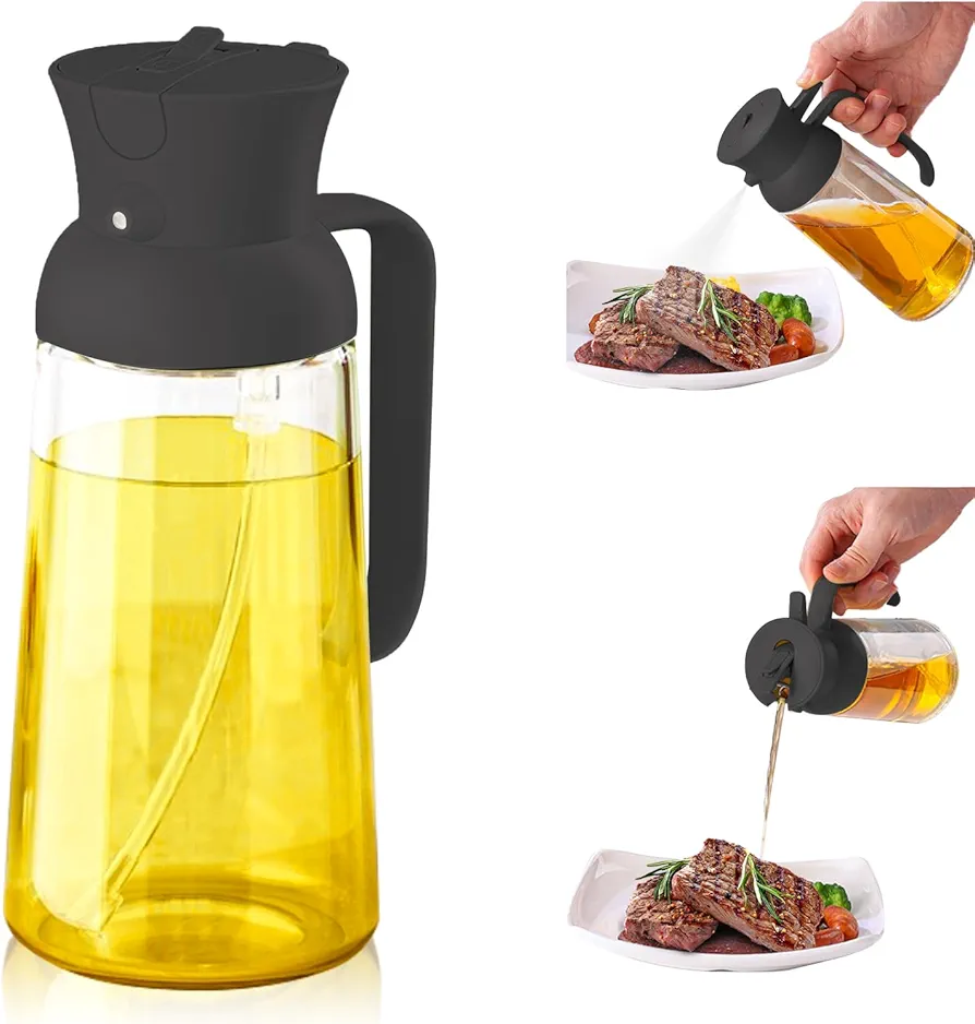 18oz/550ml Olive Oil Dispenser for Kitchen- 2 in 1 Olive Oil Sprayer for Cooking- Olive Oil Dispenser and Oil Sprayer - Food grade Oil Bottle Spritzer for Air Fryer, Salad BBQ (Black)