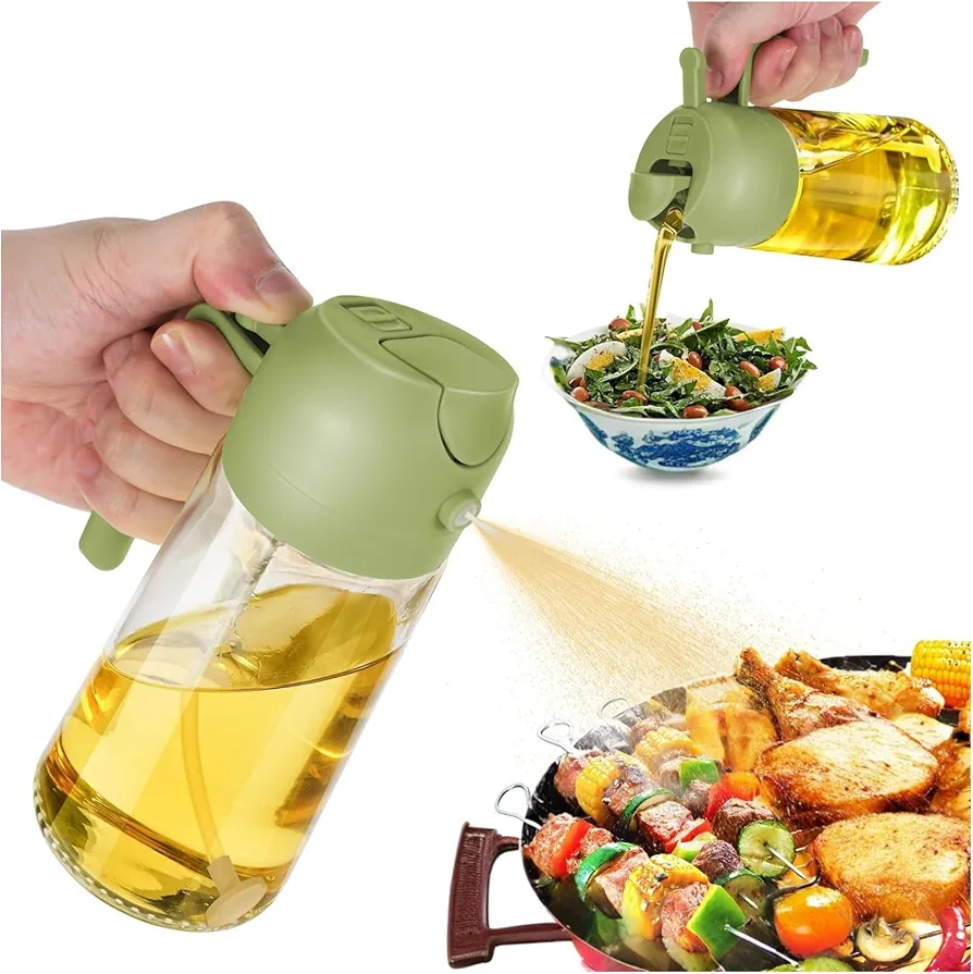 2 in 1 Oil Dispenser and Oil Sprayer,470ml Olive Oil Bottle,16oz Oil Dispenser Bottle for Kitchen Oil Sprayer for Cooking, Kitchen, Salad, Barbecue(green)