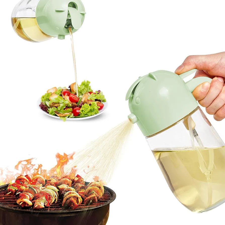 Oil Sprayer for Cooking 2 in 1,20Oz/570Ml,Oil Dispenser for Kitchen Spray,Glass Olive Oil Sprayer,Oil Dispenser Bottle Spray and Pour,Glass Oil Sprayer for Salad Making,Baking,BBQ(Green)