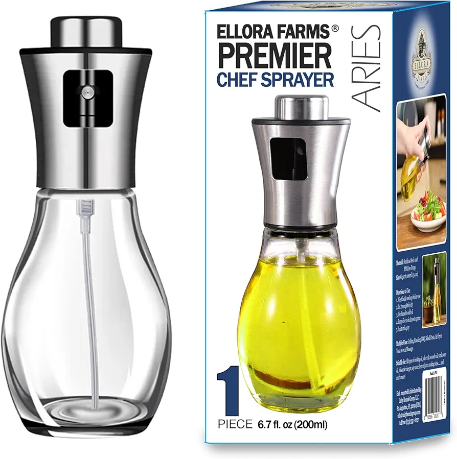 Ellora Farms, Aries Chef Premium Oil, Vinegar Mister or Sprayer, 200 ml (6.8 oz) Glass Spray Bottle with Stainless Steel top and Funnel, Pack of 1