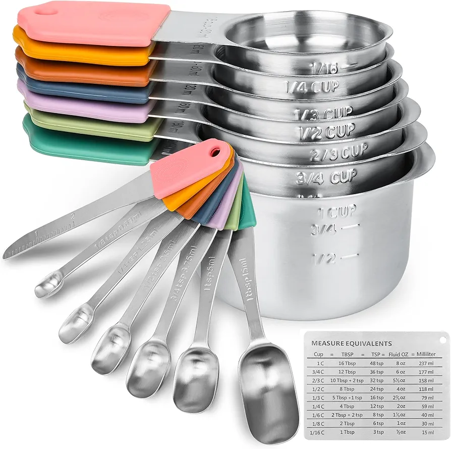 Smithcraft Magnetic Measuring Cups & Spoons Set 15, Stainless Steel Measuring Cups and Spoons Set, Color Heavy Duty Metal Measuring Cups&Spoons Set w/Leveler & Measure Equivalents for Cooking & Baking