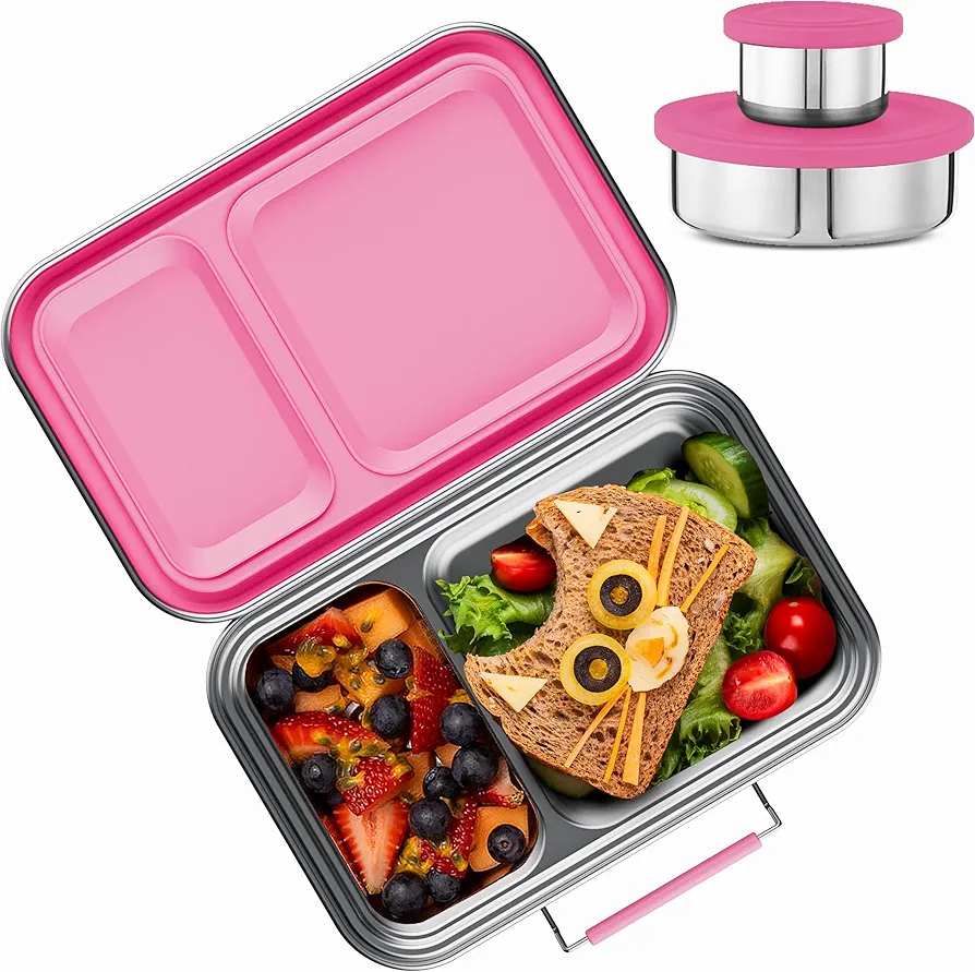 Stainless Steel Lunch Box for Kids, Leak Proof Bento Lunch Box BPA Free 304 Stainless Steel Bento Box Stainless Bento Box with Containers for School and Office(Pink)