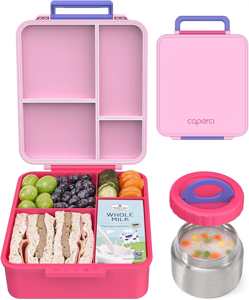 Caperci Kids Bento Lunch Box with Insulated Thermos - Leakproof Thermal Lunch Box Containers for Kids, 4-Compartment, Portable Handle, Two Temperature Zones (Pink)