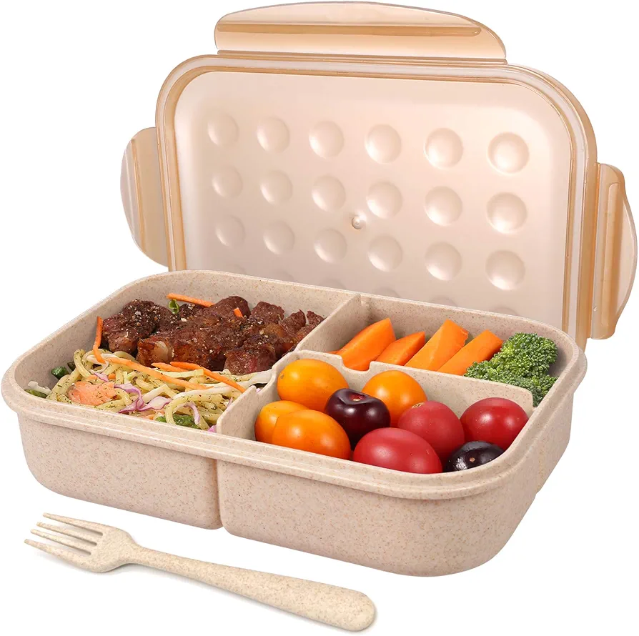 Jeopace Bento Box for Adults Lunch Containers for Kids 3 Compartment Lunch Box Food Containers Leak Proof Microwave Safe(Flatware Included, Champagne)