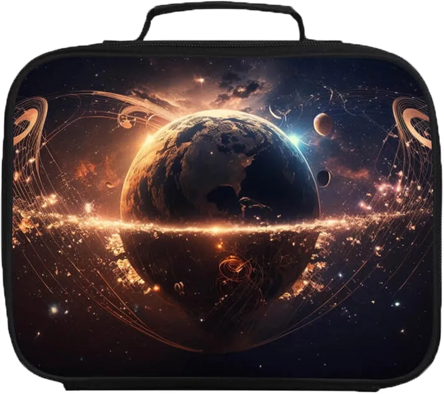 Music Earth Space Lunch Box for Kids, Boys Girls Lunch Bags for Elementary Primary School, Polyester Insulated Children Lunchbox, Double Zipper, Lightweight