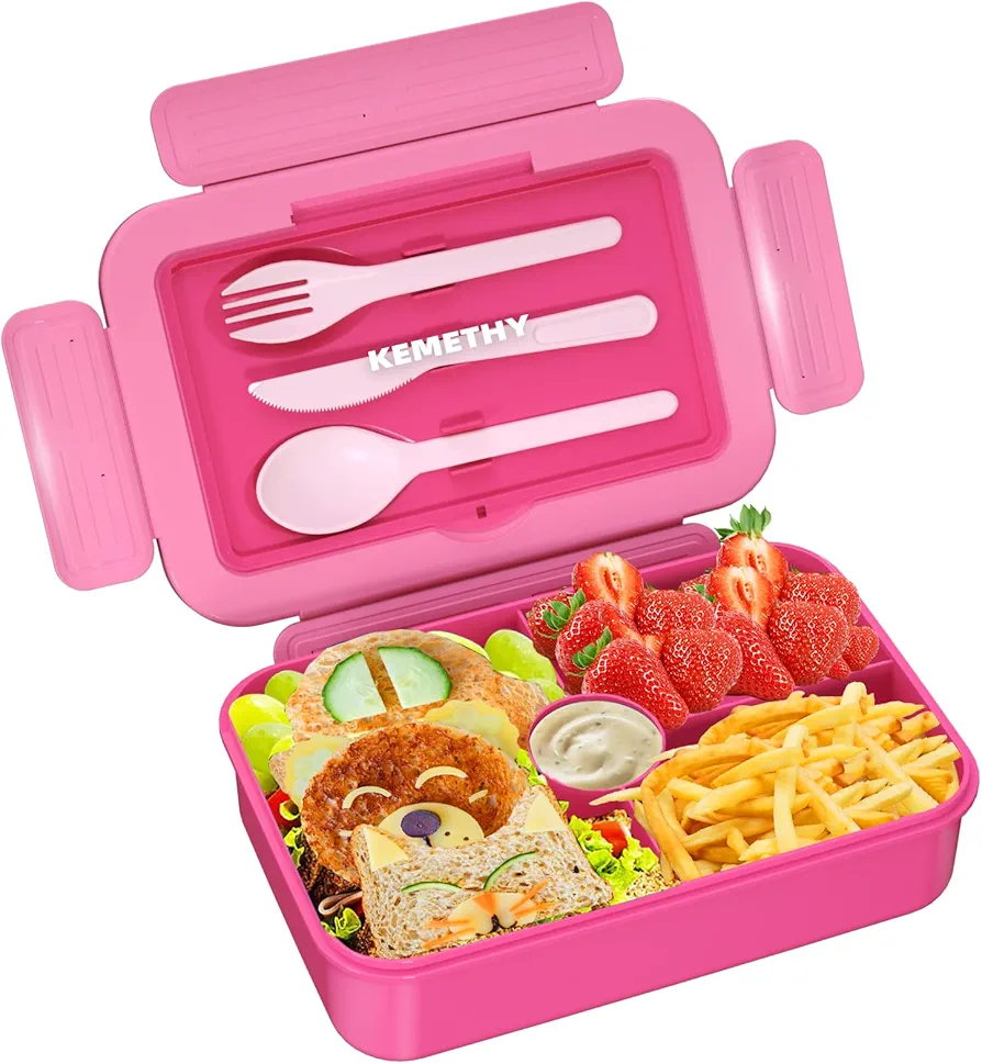 Bento Lunch Box for Kids, 4 Compartment Lunch Boxes Kids, Cutlery Storage Built-in Utensil Set, Leak-proof, Thicken, Microwave/Dishwasher/Freezer Safe, BPA-Free, Pink