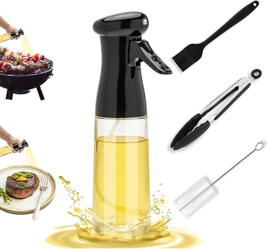 Leblon Oil Sprayer kitchen Set Contains Glass Oil Spray Bottle with 200ml Capacity, Tongs, Oil Brush and Cleaning tool, Olive Oil Sprayer for Cooking, Air Fryer, Seasoning, Baking, Frying, BBQ.
