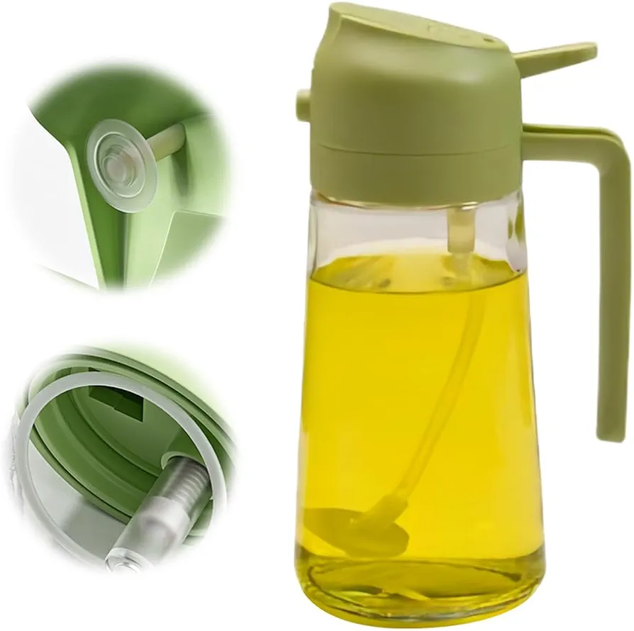 2 in 1 Glass Oil Sprayer & Dispenser, 2024 New Food-grade 2-in-1 Glass Oil Sprayer and Dispenser for Kitchen Cooking, Glass Oil Dispenser Spray Bottle for Home (green-600 ml)