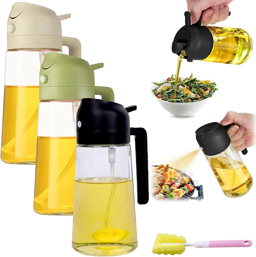 2 in 1 Glass Oil Sprayer & Oil Dispenser, 2024 Upgrade Oil Dispenser for Kitchen Spray, Oil Sprayer for Cooking, Olive Oil Dispenser Bottle Spray and Pour, Cooking Oil Sprayer, 16oz/470ml (3Pcs)