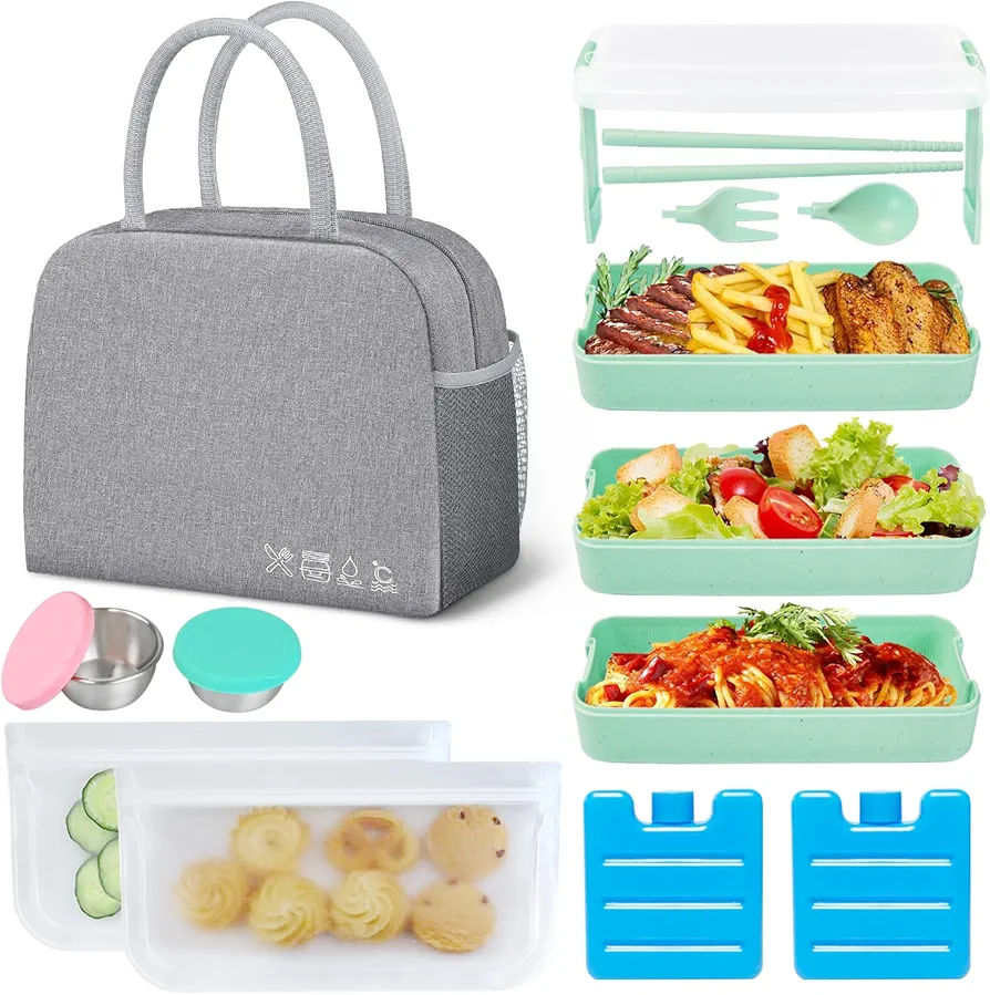 Bento Lunch Box Set, Japanese Lunch Boxes 3-In-1 Bento Box Kit lunch box containers, Leakproof 3 Layer Stackable Lunch Bag with Container, with Food Bags and Sauce Cups