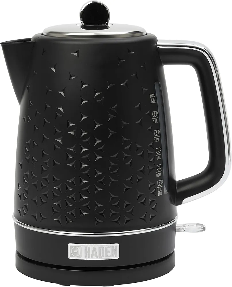 Haden Starbeck 1.7 Liter Stainless Steel Electric Kettle, Hot Water Kettle with 360-Degree Base and Auto Shutoff, Black & Chrome