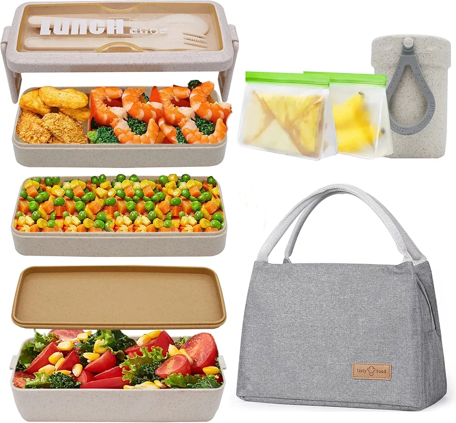 Bento Box Adult Lunch Box with Bag - Wheat Straw, Japanese Bento-Style Design Includes 3 Stackable Lunch Containers for Kids, Built-in Utensil Set, Lunch Bag, Soup Cup, and Snack bags