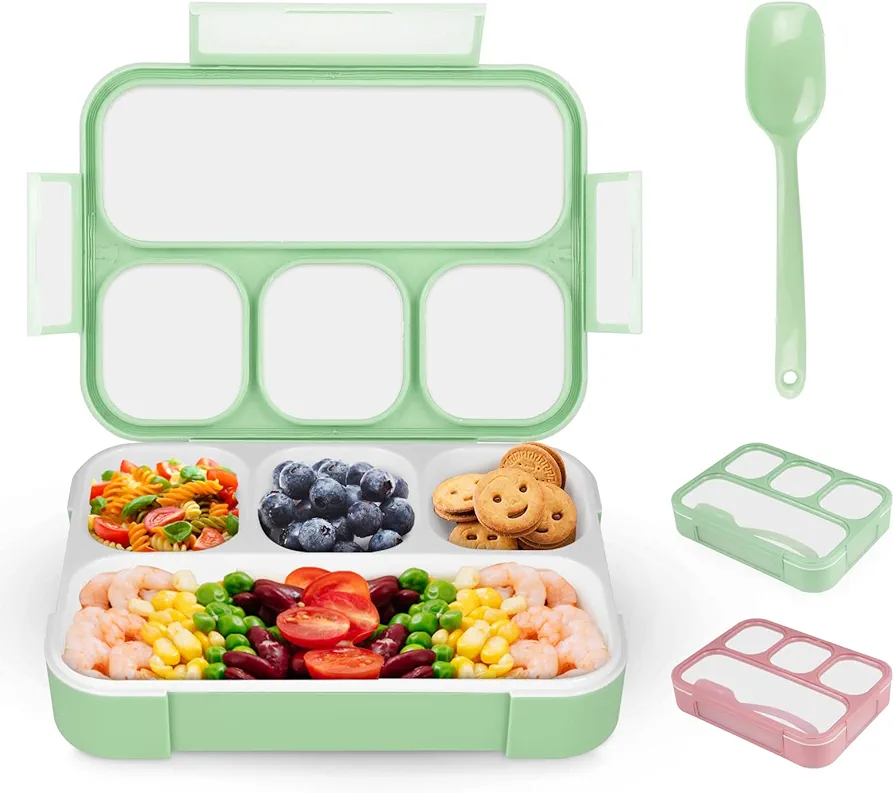 NatraProw Bento Lunch Box for Kids, 4 Compartment Kids Lunch Box Leak Proof, Cute Bento Snack Box for Adults and Kids With Utensils, Lunch Containers BPA-Free, Microwave Bento Box (Green)