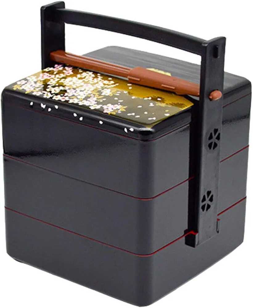 Luxshiny Japanese Bento Lunch Box Three Tiers Stack Box with Chopsticks Jubako Osechi Decorative Lunch Containers Picnic Sushi Bento Holder Case