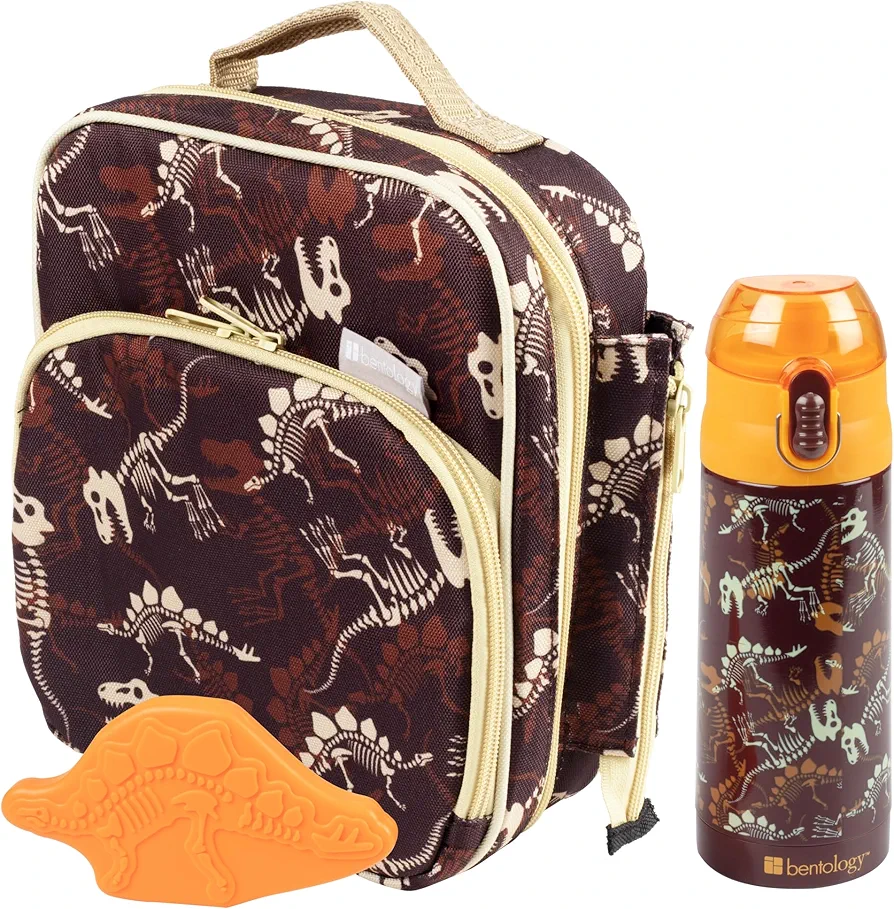 Bentology Kids Lunch Bag Set w Matching Reusable Water Bottle & Hard Ice Pack- Orange Dinosaurs- Insulated Tote, Stainless Steel Insulated Thermos, Hard Ice Pack- Back to School Lunchbox Kits