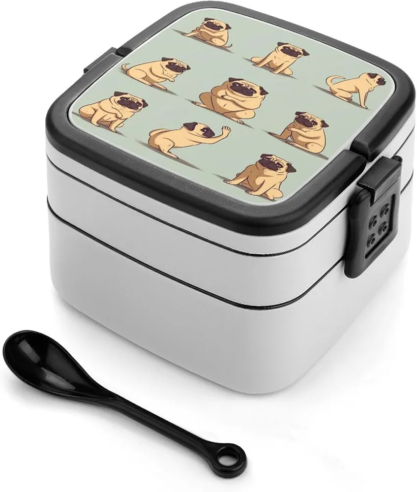 Bento Box Double Layer Bento Box Yoga Pug Printed Lunch Box Reusable Leak Resistant Lunch Box for Dining Out Work Picnic