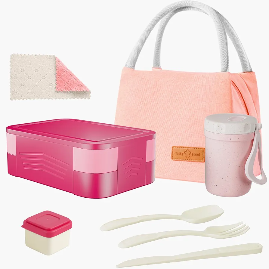 ZMYGOLON Bento Lunch Box for Kids,Lunch Bento Box Container Leak Proof for Kids Adults Teens School, Lunch Containers with 3 Compartments and Spoon,Fork (hot pink-sn)