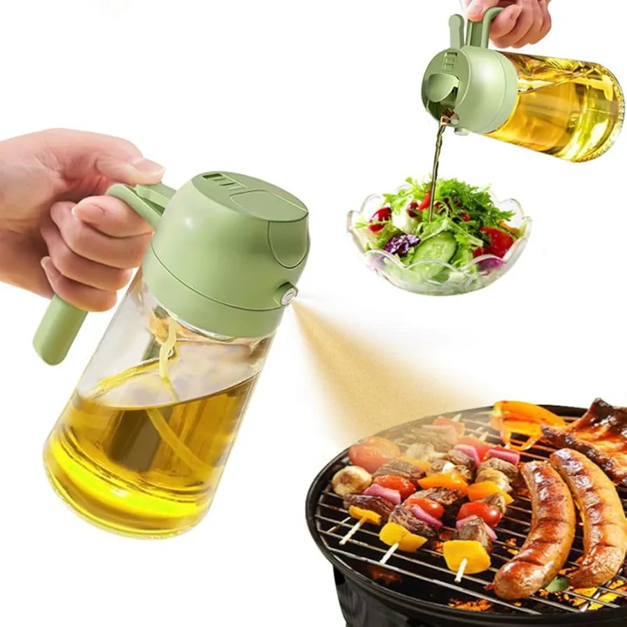 16oz Oil Spray Bottle for Kitchen - 2 in 1 Olive Oil Dispenser and Oil Sprayer - 470ml Powerful Olive Oil Spray Bottle - Oil Container for Cooking, Air Fryer, Salad, Barbecue (Green)