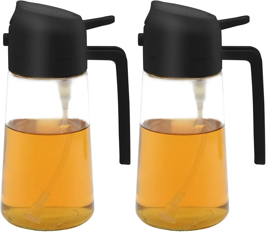 2 Pack 16oz Olive Oil Bottle, Oil Dispenser with Pourer, 2 in 1 Oil Sprayer for Cooking, Kitchen, Salad, BBQ-Black