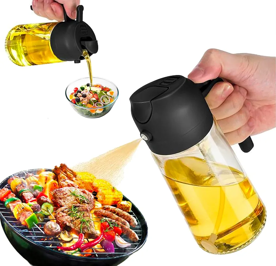 2 in 1 Glass 20 OZ Oil Dispenser Bottle + Silicone Oil Brush + Cleaning Brush | Oil Bottle For Cooking | Evo Bottle Dispenser | Glass Spray Buttle | Mist Spray Bottle (Black)