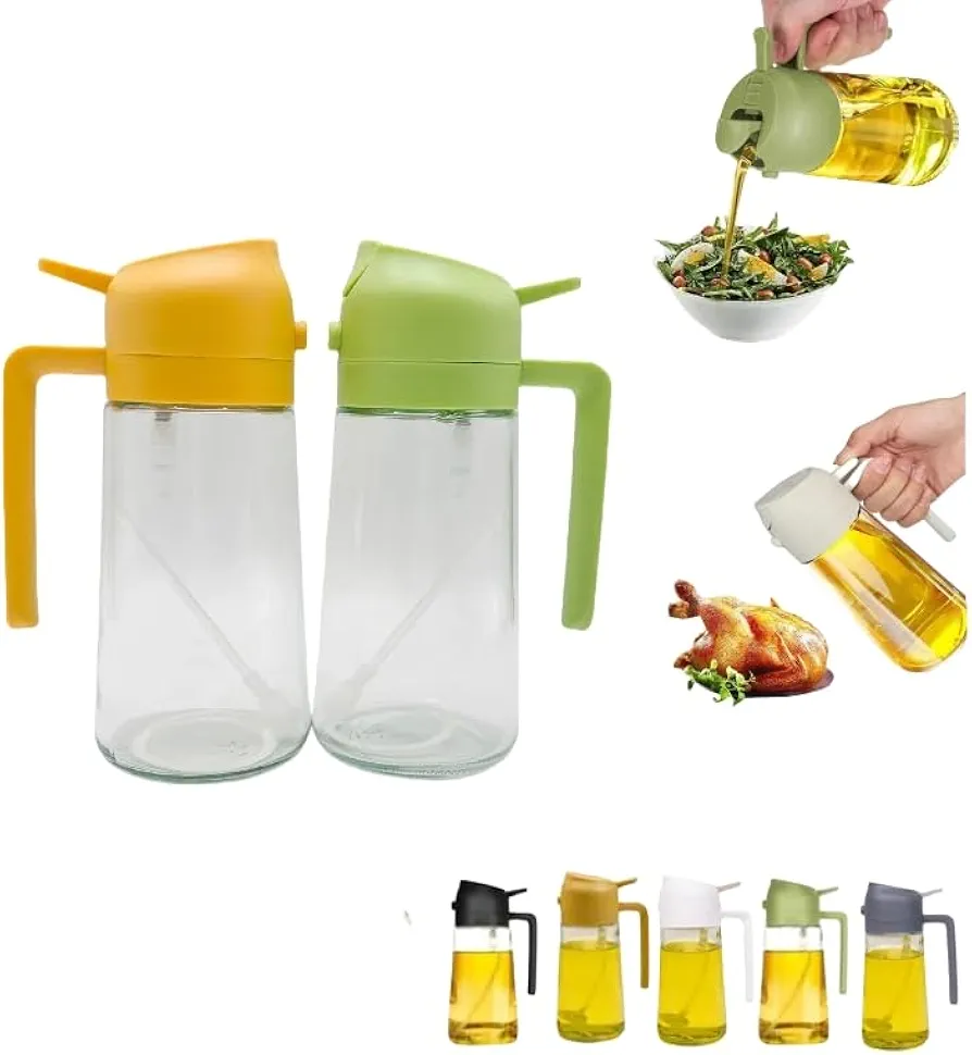 2 in 1 glass olive oil filling bottle, 2 in 1 cooking oiler, spray, kitchen press fuel injector, used for salad making, baking, frying, barbecue, kitchen gadgets (470ml) (2PCS Yellow Green)