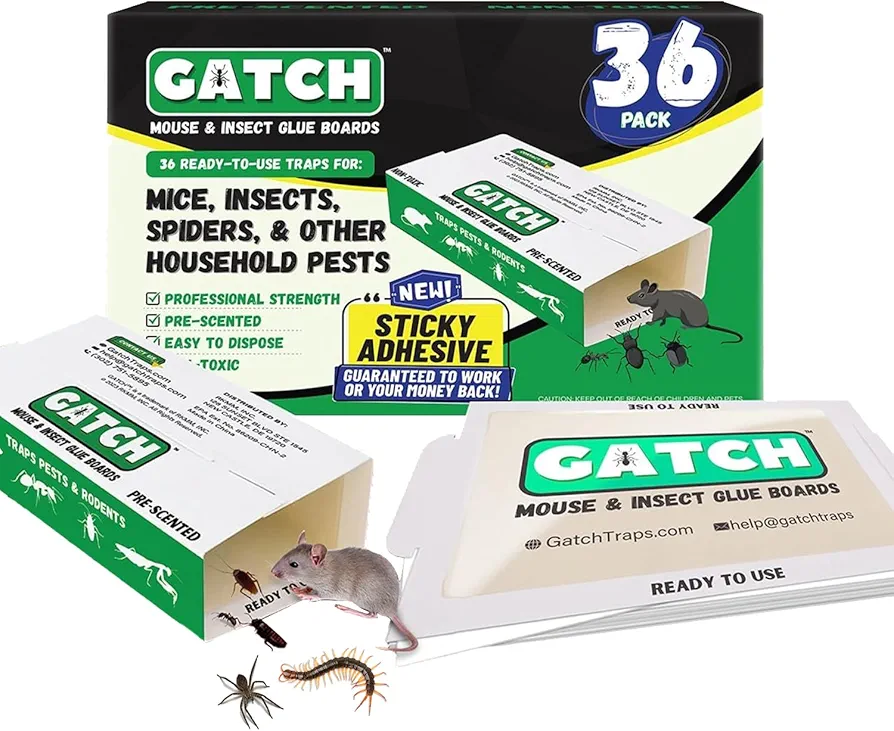GATCH Glue Boards (36 Pack) for Mice and Insects, Sticky Pre-Baited Mouse Glue Traps for Mice Rodent Rat Bugs Cockroach, Adhesive Roach Traps Indoor, House Pet Safe Pest Control