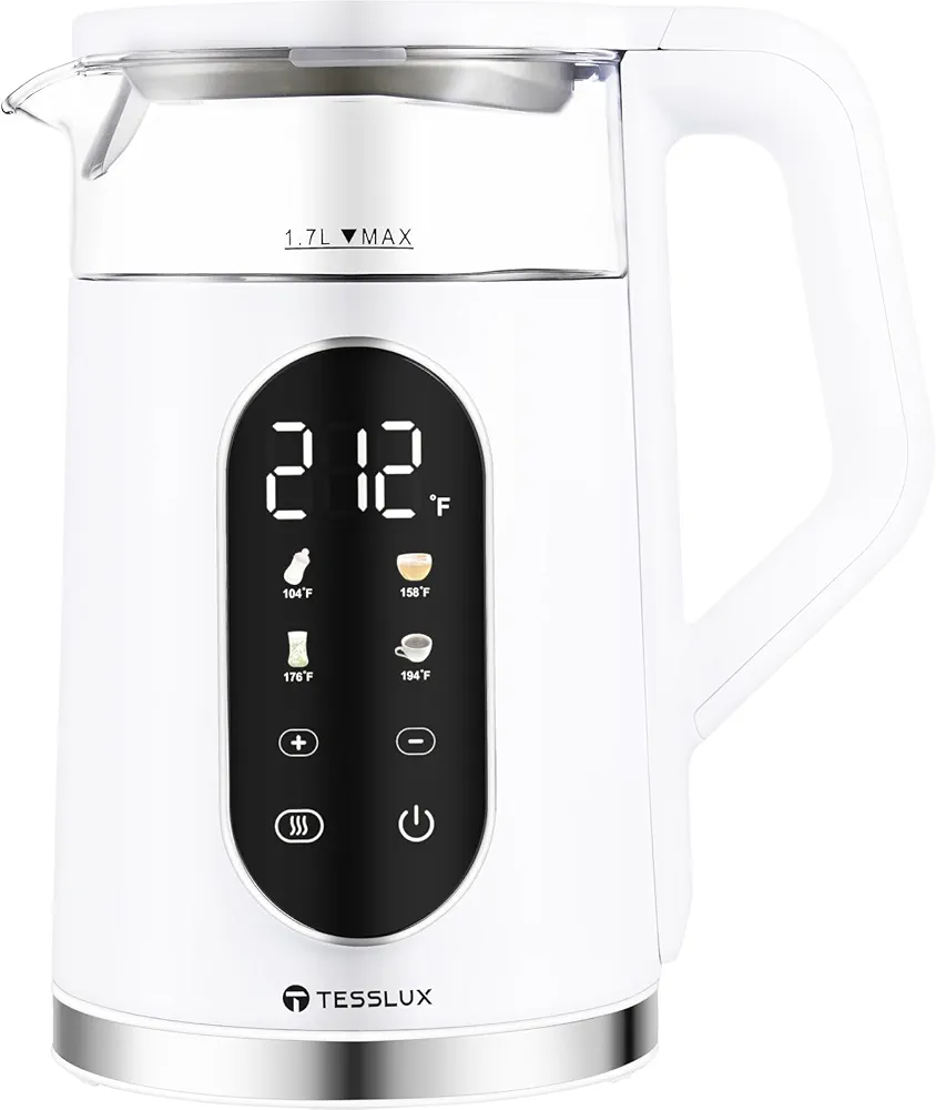Electric Tea Kettle, 1.7 Liter / 1500W Water Boiler Heater with Temperature Control, Cordless, BPA-Free, 4 Preset Heating Programs, Glass Boiling Teapot, White