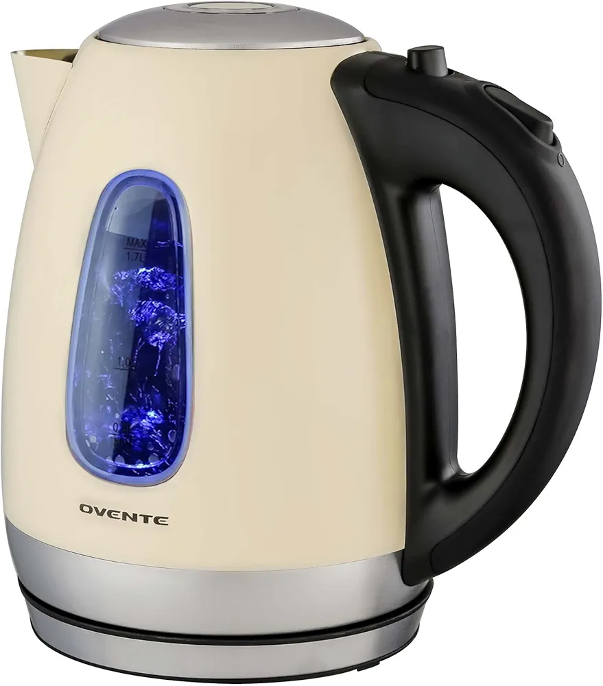 OVENTE Electric Kettle Stainless Steel Instant Water Boiler BPA Free 1.7 Liter 1100 Watts Fast Boiling with Cordless Body and Automatic Shut Off Safe and Perfect for Tea Coffee Milk, Beige KS96BG