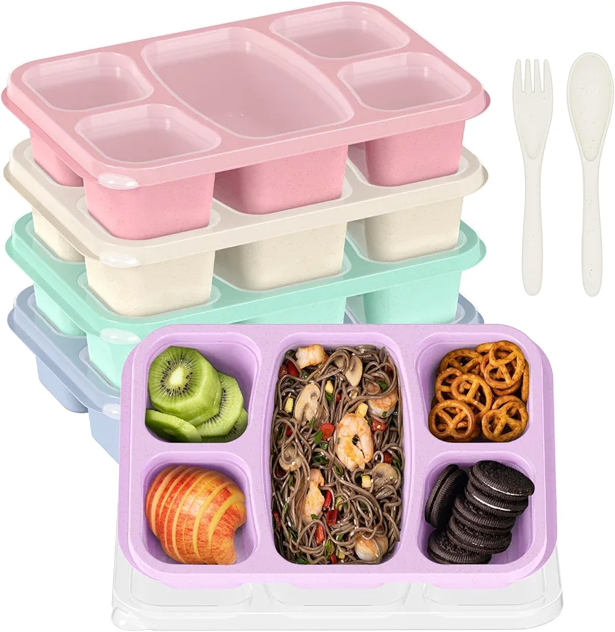 5 Pack Bento Box Adult Lunch Box, Bento Box for Kids, Meal Prep Containers Reusable, 5 Compartment Lunchable Container, Snack Containers for School, Work, and Travel