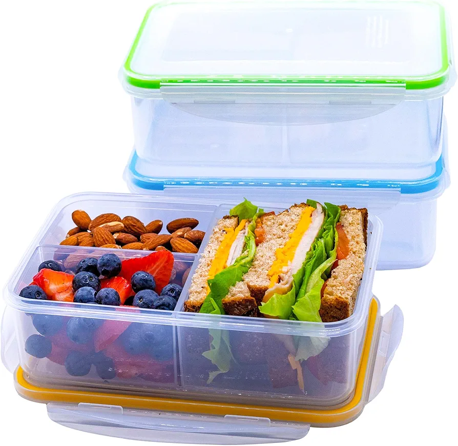 Set of 3 - Bento Lunch Boxes (3 Removable Compartments) - Snap Shut & Lock Closed, Leak Proof Food Containers, Multi-Colored. Perfect for Work, Travel and Anytime You're on the Go. Meals or Snacks