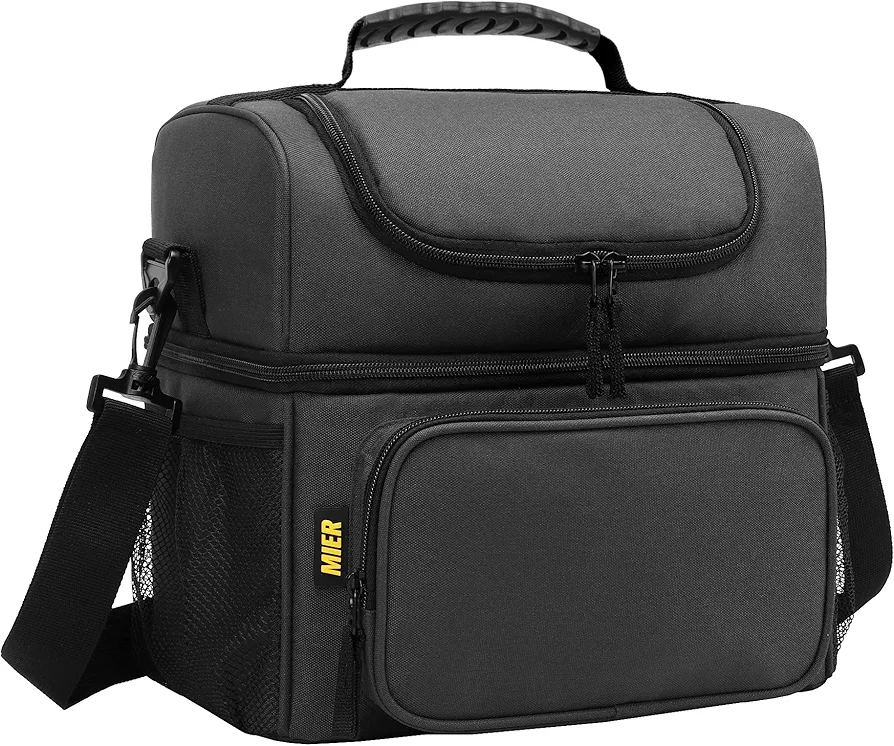 MIER Mens Insulated Lunch Box, Dual Compartment Large Lunch Bag Coolers with Shoulder Strap for Men Women Adult to Office Work, Picnic, Travel, Outdoors, Dark Gray