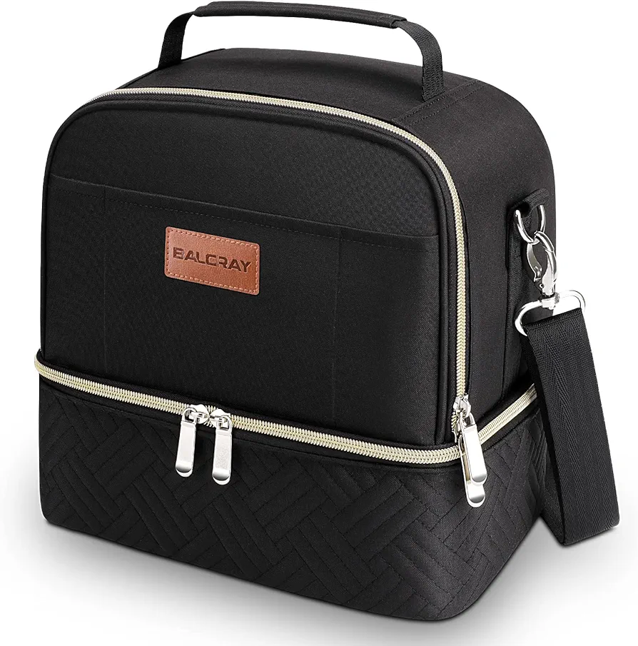 BALORAY Work Lunch Bag for Women: Double Deck Insulated Lunch Box with Quilting for Fashion Girls - Adult Reusable Meal Holder with Shoulder Strap for School Teacher & Office Black