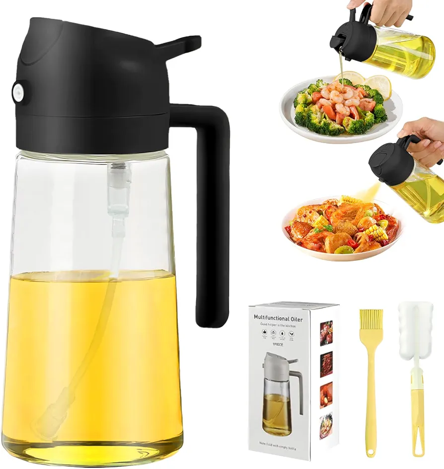 Oil Dispenser for Kitchen, 2 in 1 Olive Oil Dispenser and Oil Sprayer, Olive Oil Dispenser Spray Bottle with Brush, Oil Sprayer for Cooking for Air Fryer, Barbecue, Salad 16oz/470ml (Black)