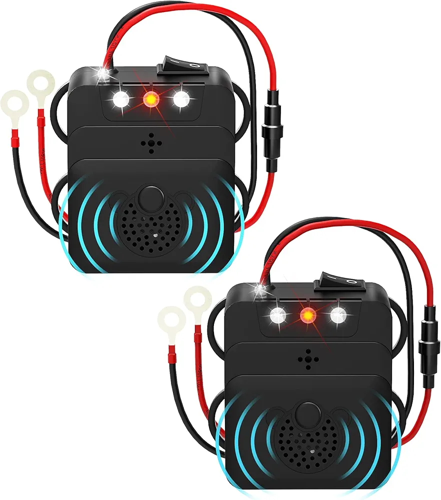 Under Hood Rodent Repeller, Professional Mouse Repellent, Ultrasonic 12V Car Pest Repeller Squirrels, Pack Rat Deterrent for Cars Trucks RV Engine Bay Warehouse Attic with Evictor Strobe Light 2 Pack