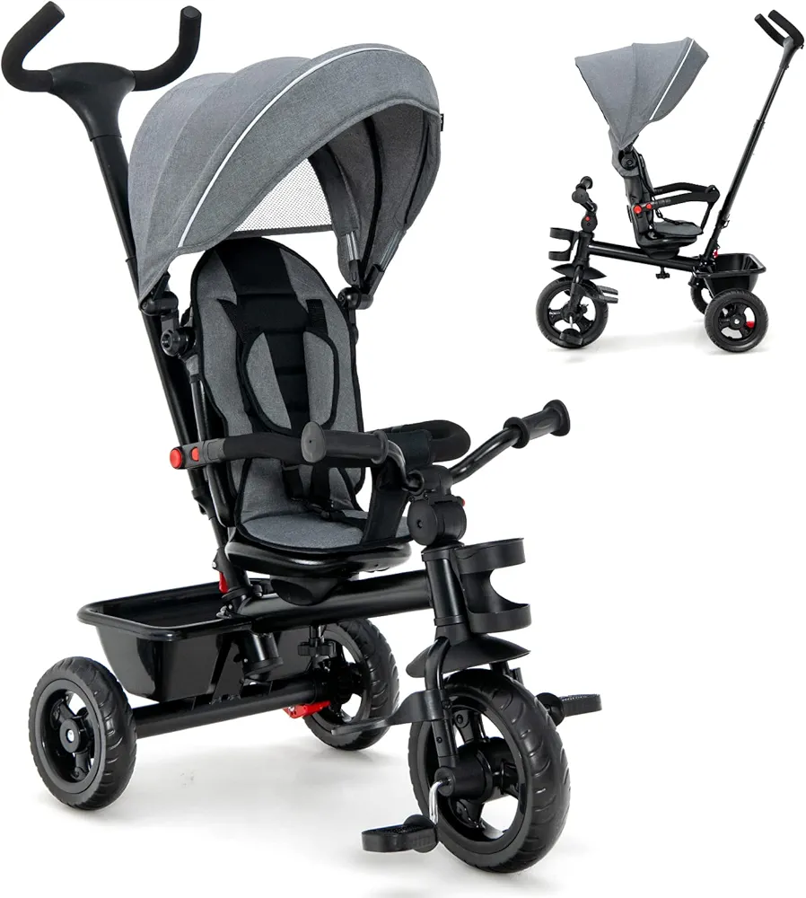 HONEY JOY Tricycle, 5-in-1 Baby Trike Stroller w/Adjustable Push Handle & Canopy, Reversible Seat, EVA Wheels Cup Holder & Storage Basket, Push Tricycle for Toddlers Age 1.5-5 Year Old (Gray)