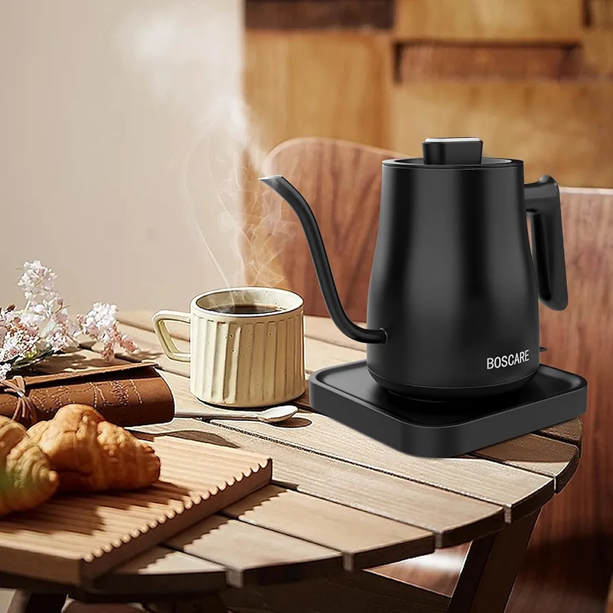 Electric Gooseneck Kettle 0.6L，1000W Fast Boiling Stainless Steel Hot Water Pot for Coffee Tea with Auto Shut-off,Steam Sensor ON/OFF Switch,Black