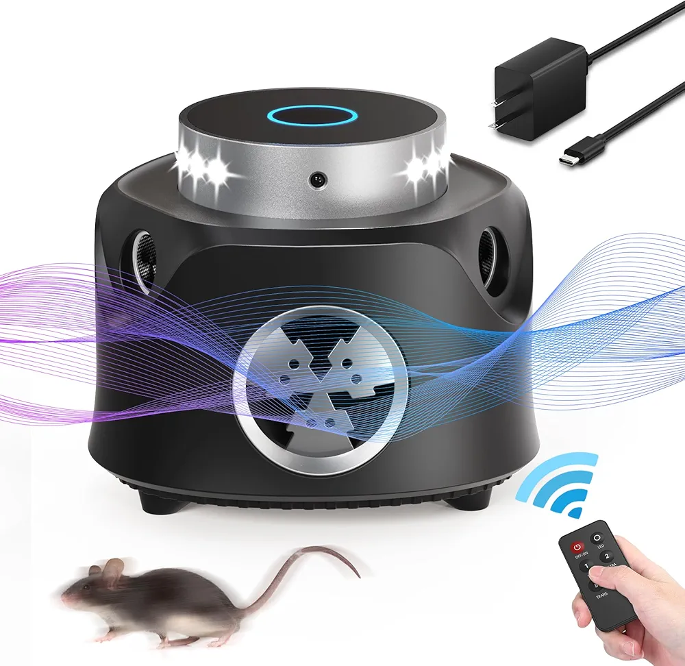 Ultrasonic Rodent Repellent, 360° Mouse Repellent with Remote Control, Pest Repellent Ultrasonic Plug in with Ultrasound & Strobe Light, Mice Repellent Indoor for Rodent/Mouse/Squirrel/Roach
