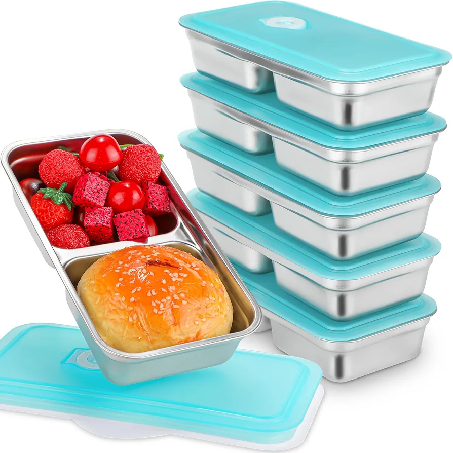 6 Pcs Stainless Steel Bento Box 30 oz Metal Divided Food Storage Containers with Silicone Lids Leakproof Lunch Box Food Container Dishwasher Safe