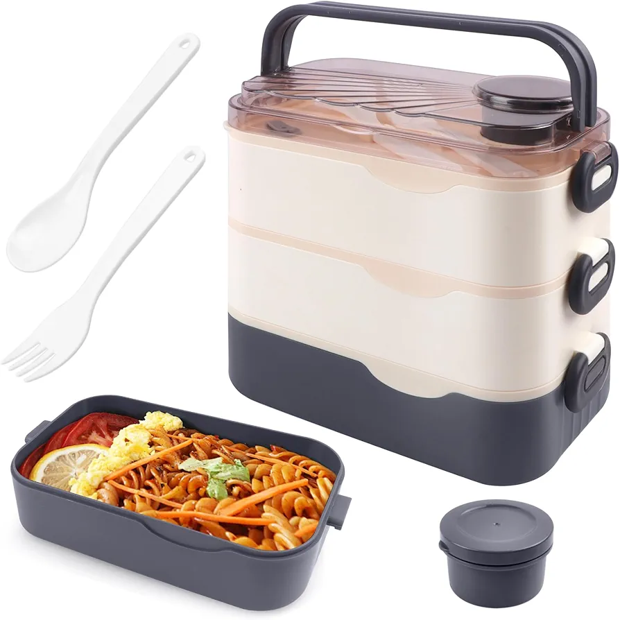 Bento Lunch Box for Adults,All-in-one 81oz Large Capacity Food Containers with Removable Compartments,3 Layers Leakproof Stackable Lunch Box for Men,Women(3layers-BK)