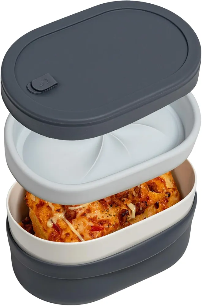 Ceramic Bento Lunch Box with Silicone Lid & Compartment Divider, Adult Bento Box, Reusable Airtight Meal Prep Food Storage, Sandwich, Snack, Salad Container, Microwave Oven Safe (Black, 30.4 Oz)