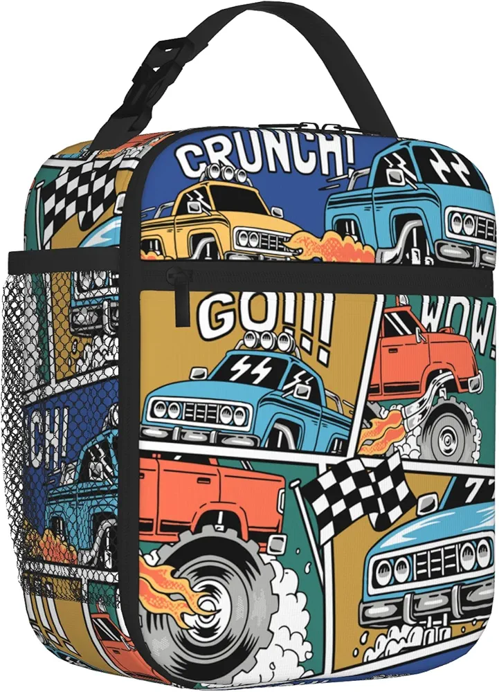 Kids Lunch Box Lunch Bag for Boys Men, Reusable Insulated Lunch Boxes Tote Bag, High Capacity Leakproof Thermal Cooler Sack Food Handbags for School Work Picnic Camping Gifts (Monster Trucks)