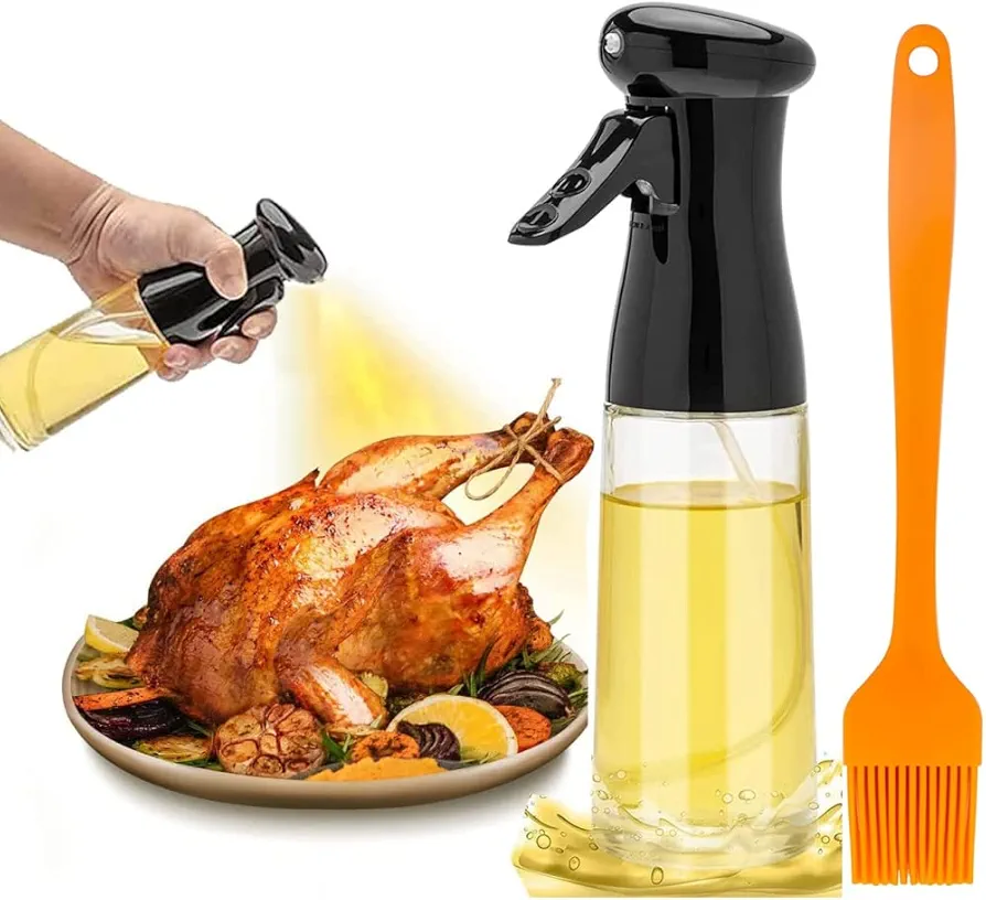 Oil Sprayer for Cooking, 220ml Glass Olive Oil Sprayer Mister with Brush, Olive Oil Vinegar Spritzer Sprayer Bottles Oil Dispenser for Kitchen, Widely Used for Air Fryer, Salad, Baking, BBQ, Black