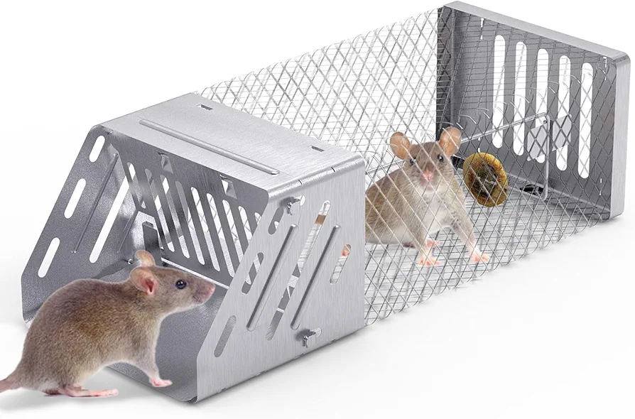 Humane Rat Trap, Small 1-Door Live Chipmunk Trap That Work for Indoor and Outdoor, Easy to Catch and Release Live Animal Trap Mouse Trap Cage for Rodents Mice Voles, Metal & Reusable
