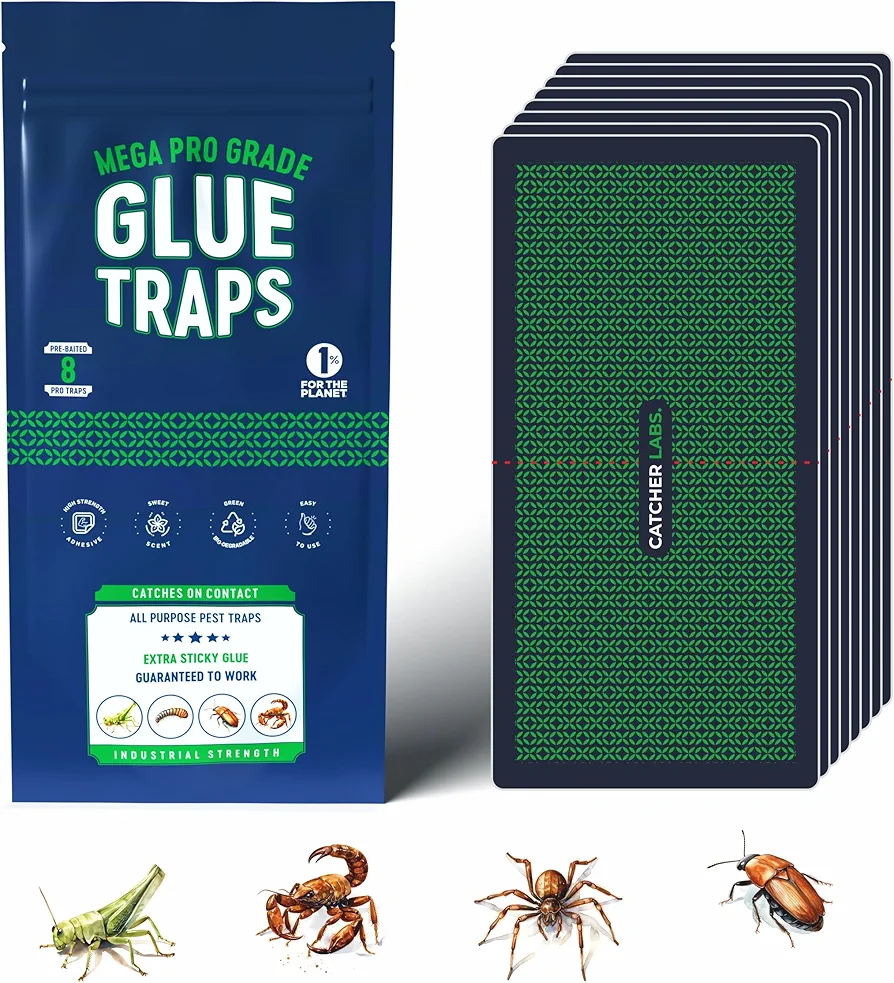 Catcher Labs Mega Insect Traps (8 Traps) | Extra Sticky Pre-Baited Glue Board, Trap & Kill Most Crawling Insects, Bugs, Spiders, Scorpions, Cockroaches, Centipedes, Snakes
